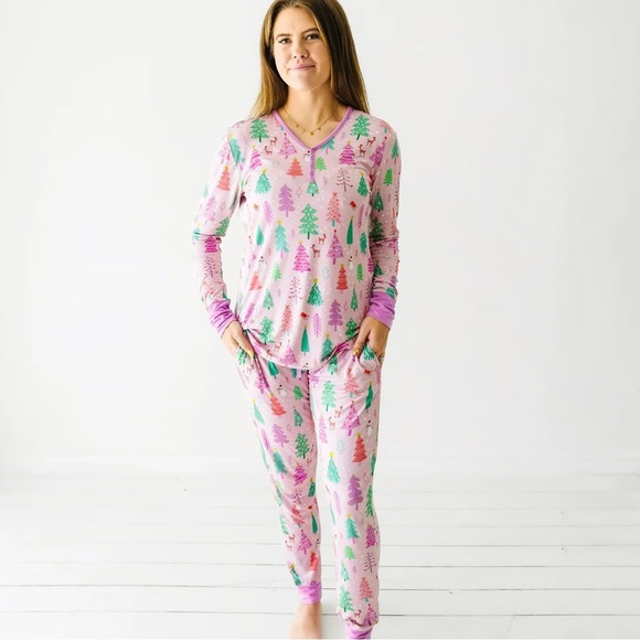 Little sleepies pink merry & bright Christmas holiday bamboo pajama set size XL